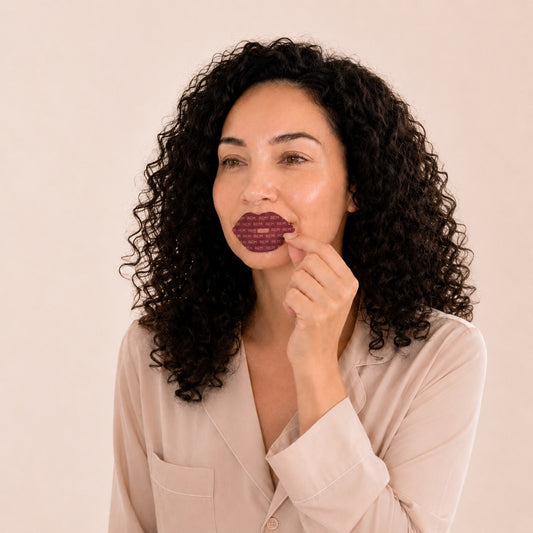 Woman applying REM Sleep Tape mouth tape before sleep for nasal breathing support